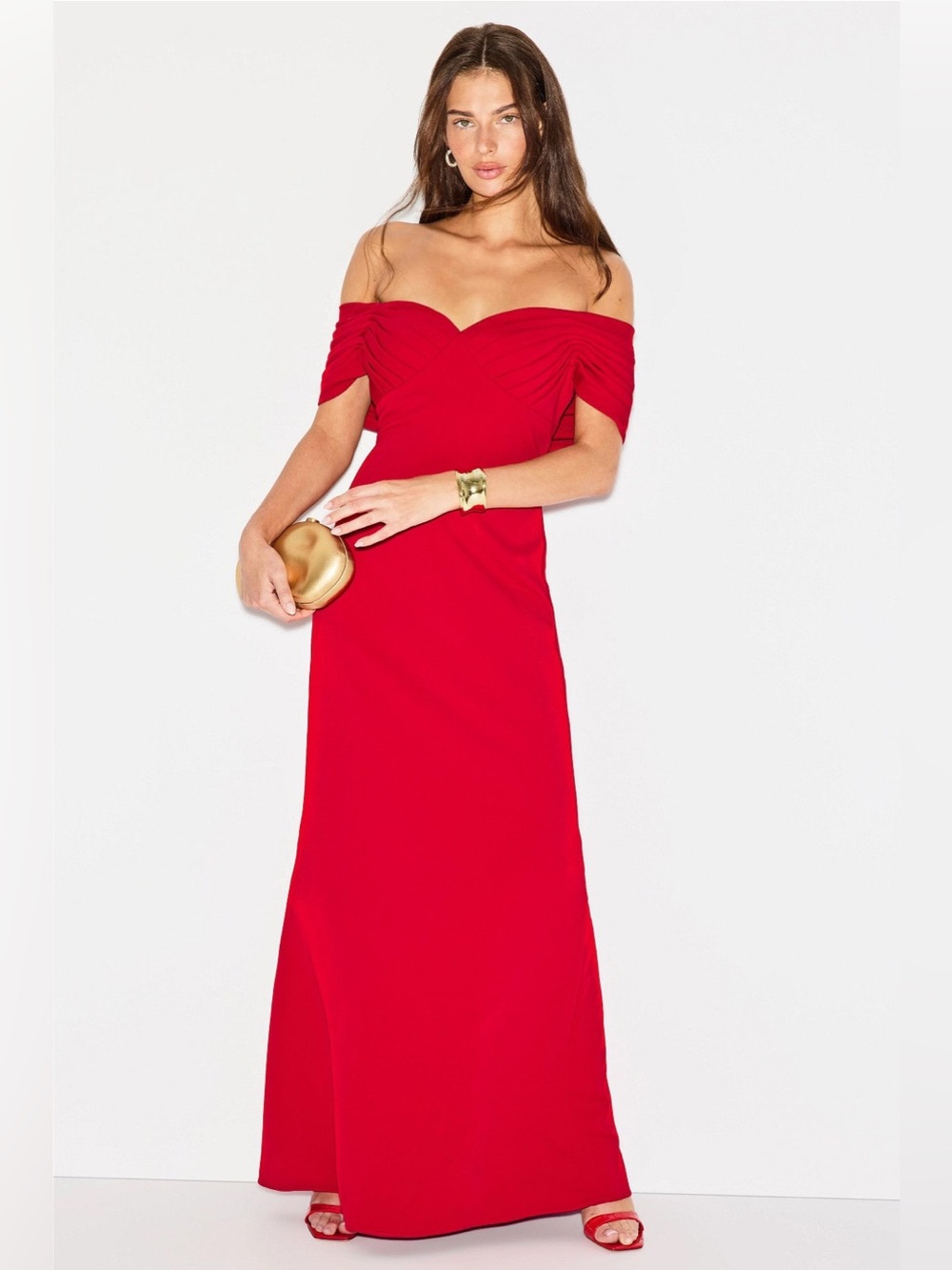 Badgley Mischka Off-The-Shoulder Gown with pleats and a draped back 6